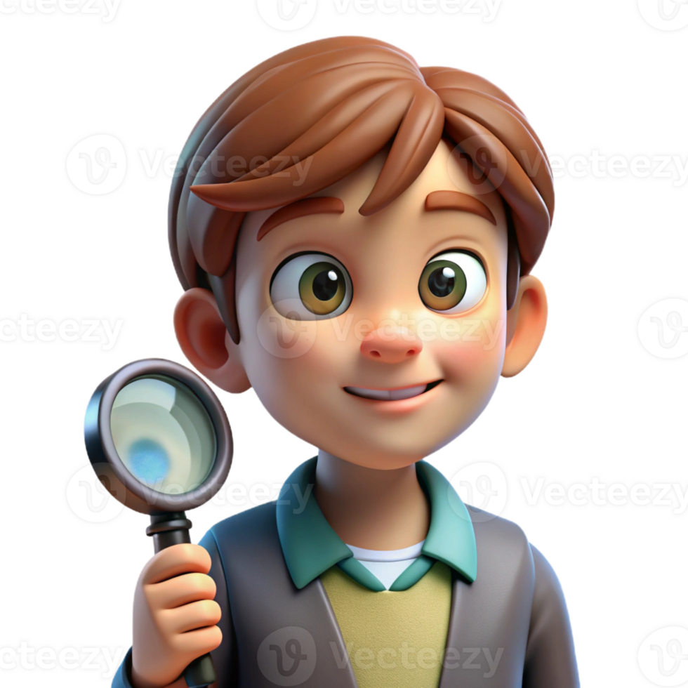 beautiful vintage Portrait of a young boy with a curious expression and a magnifying glass, bright, inquisitive lighting, scientific illustration style exclusive png