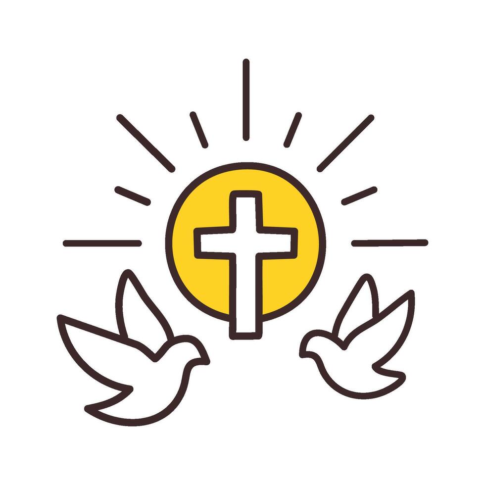 a cross and two doves are in front of a sun vector