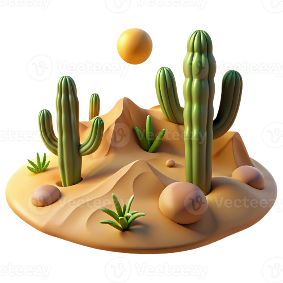 dramatic contemporary A desert landscape with cacti and sand dunes, harsh sunlight, realistic rendering high resolution png