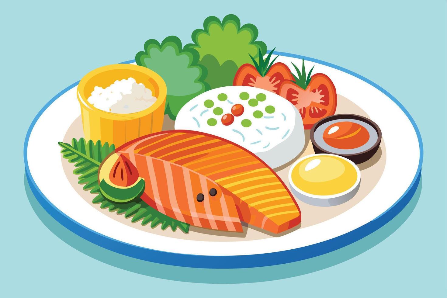 Delicious Asian-style meal featuring salmon, rice, and vegetables. vector