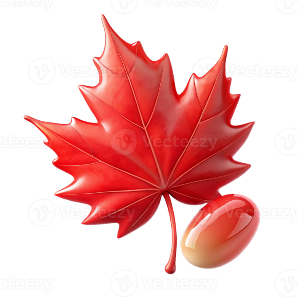 wonderful vintage A single, perfect dewdrop clinging to a vibrant red maple leaf in crisp morning sunlight, hyperrealistic style high resolution png