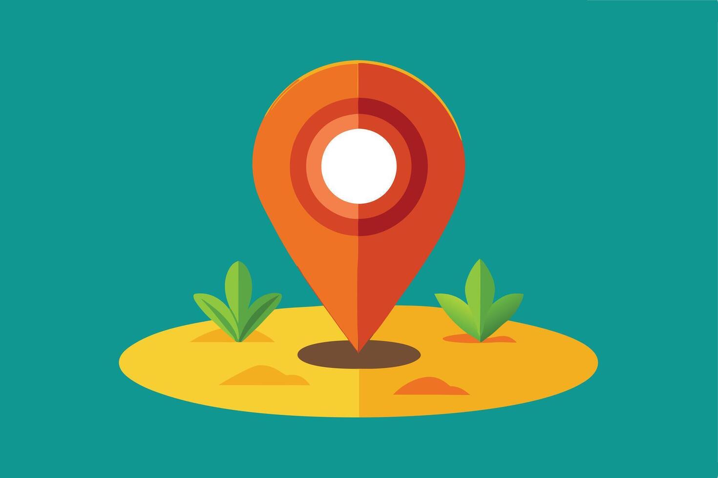 Simple, flat design graphic of a location pin on a sandy surface. vector