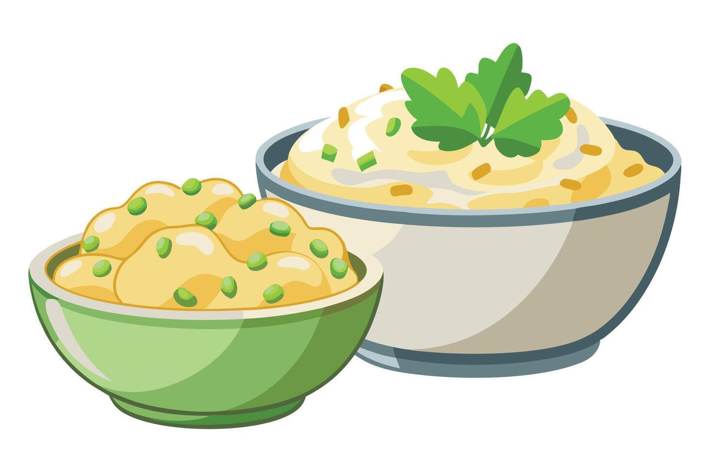 Creamy mashed potatoes and gravy in bowls vector