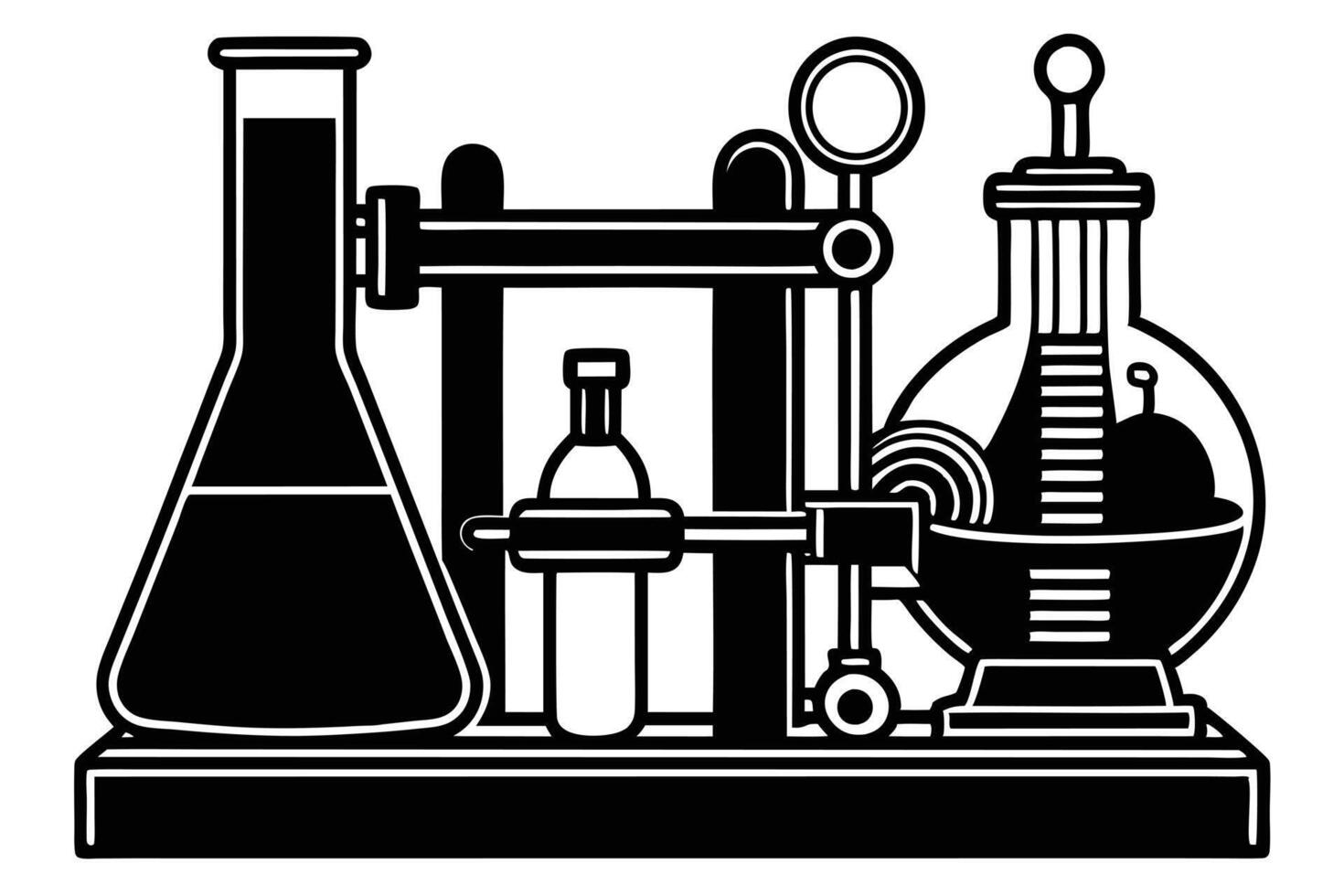 Simple black and white science lab equipment illustration. vector