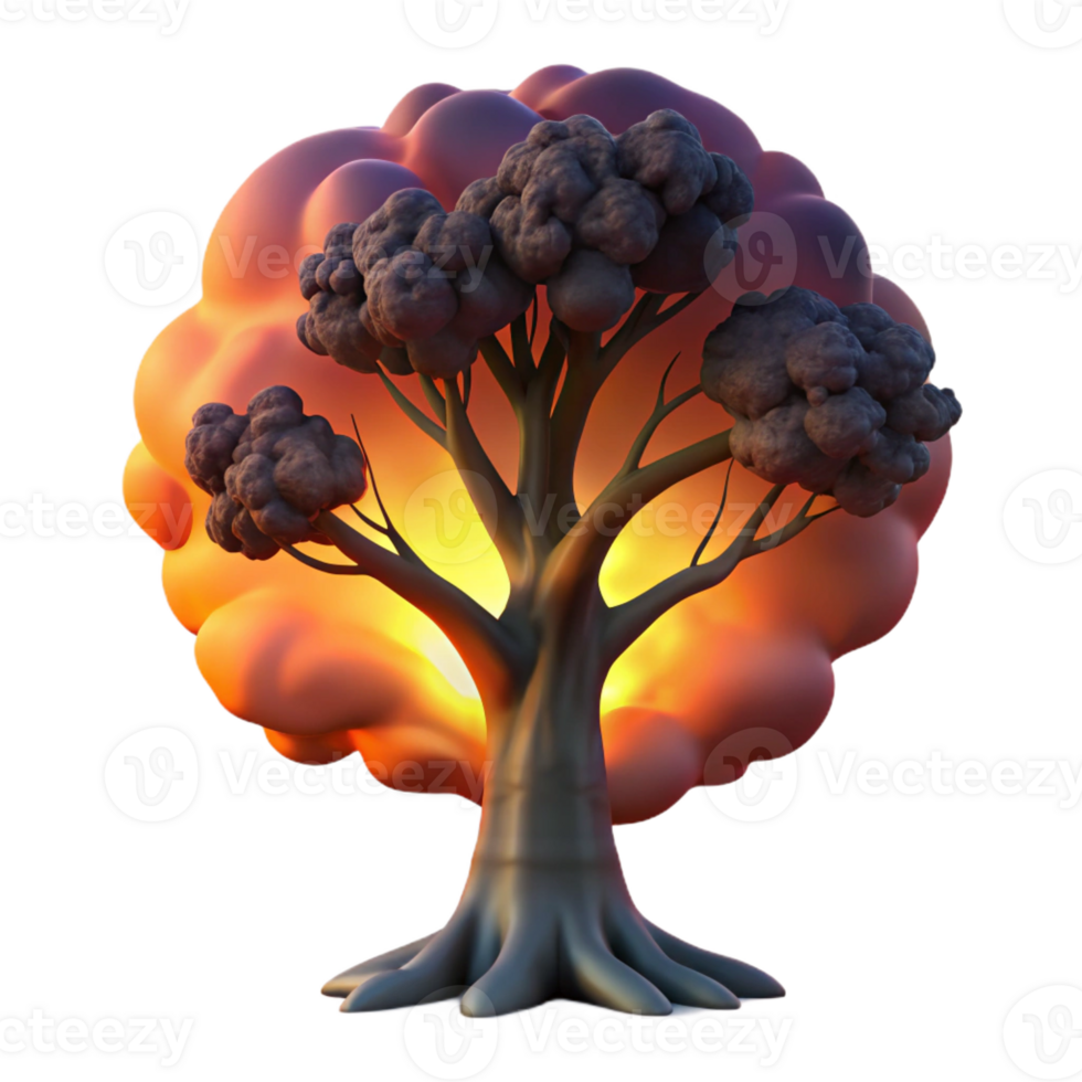 dramatic minimalist A lone, weathered oak tree silhouetted against a fiery sunset, dramatic lighting, digital art authentic png
