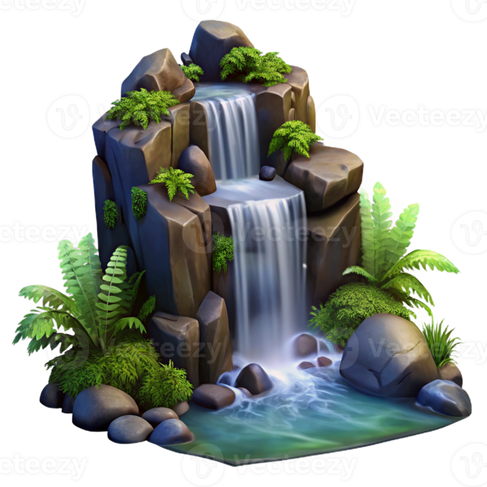 vibrant rustic A cascading waterfall tumbling over smooth, dark rocks, surrounded by lush green ferns, impressionist painting professional png