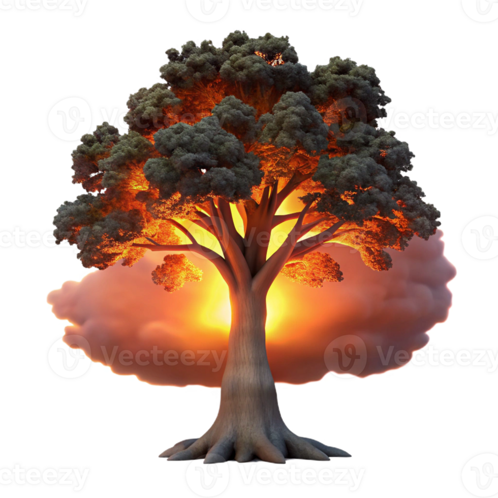 extraordinary creative A lone, weathered oak tree silhouetted against a fiery sunset, dramatic lighting, digital art premium png