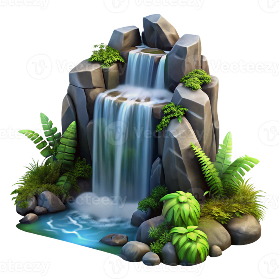 impressive minimalist A cascading waterfall tumbling over smooth, dark rocks, surrounded by lush green ferns, impressionist painting original png