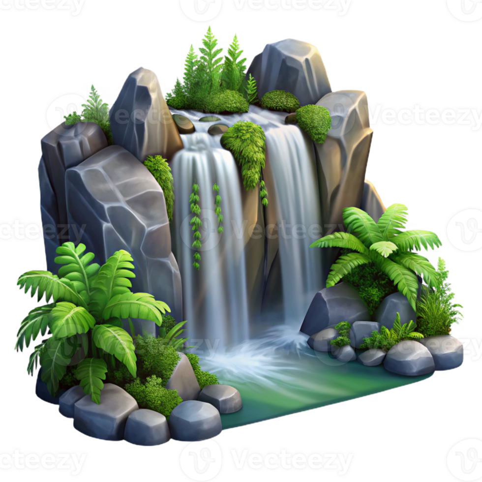 elegant classic A cascading waterfall tumbling over smooth, dark rocks, surrounded by lush green ferns, impressionist painting high resolution png