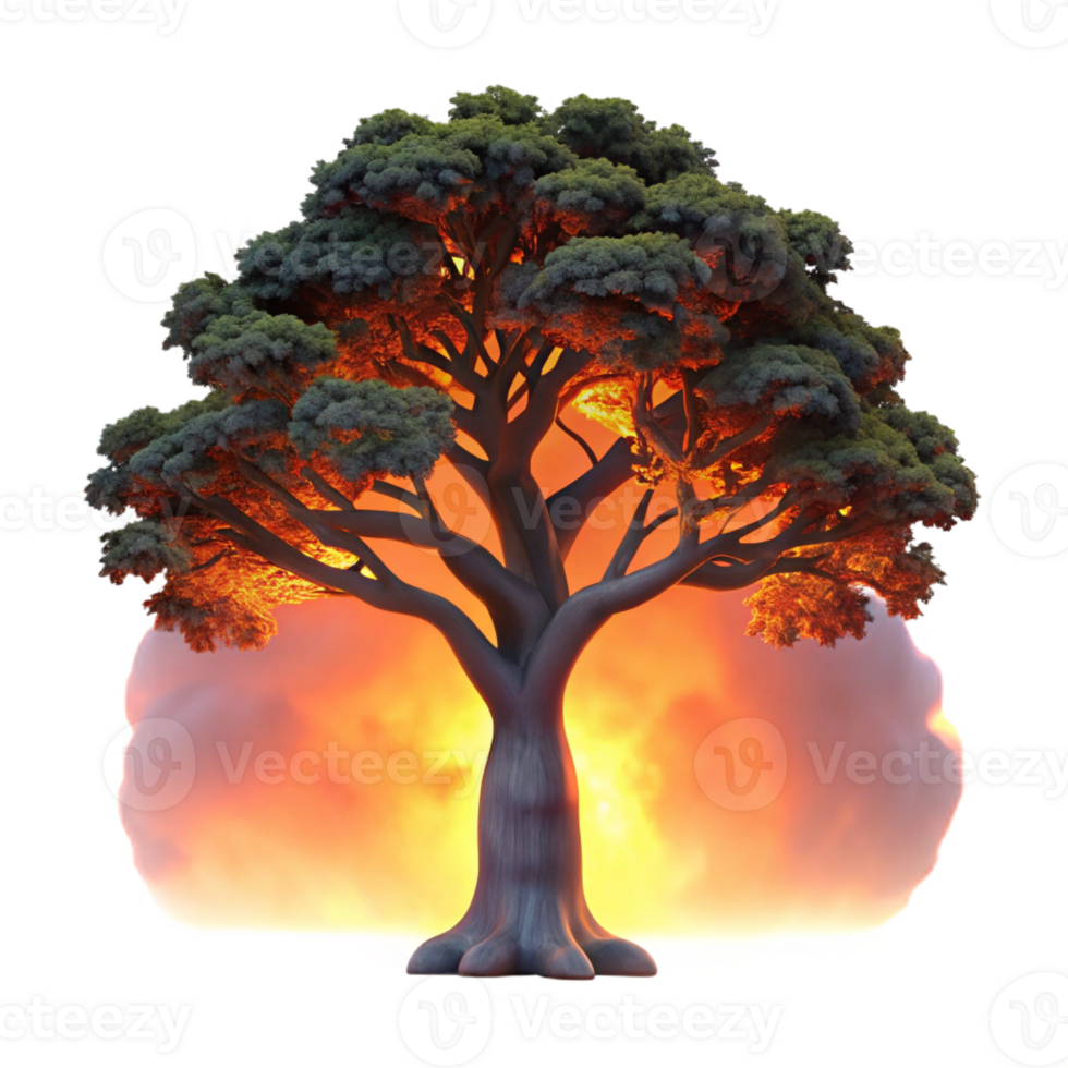 wonderful minimalist A lone, weathered oak tree silhouetted against a fiery sunset, dramatic lighting, digital art original png