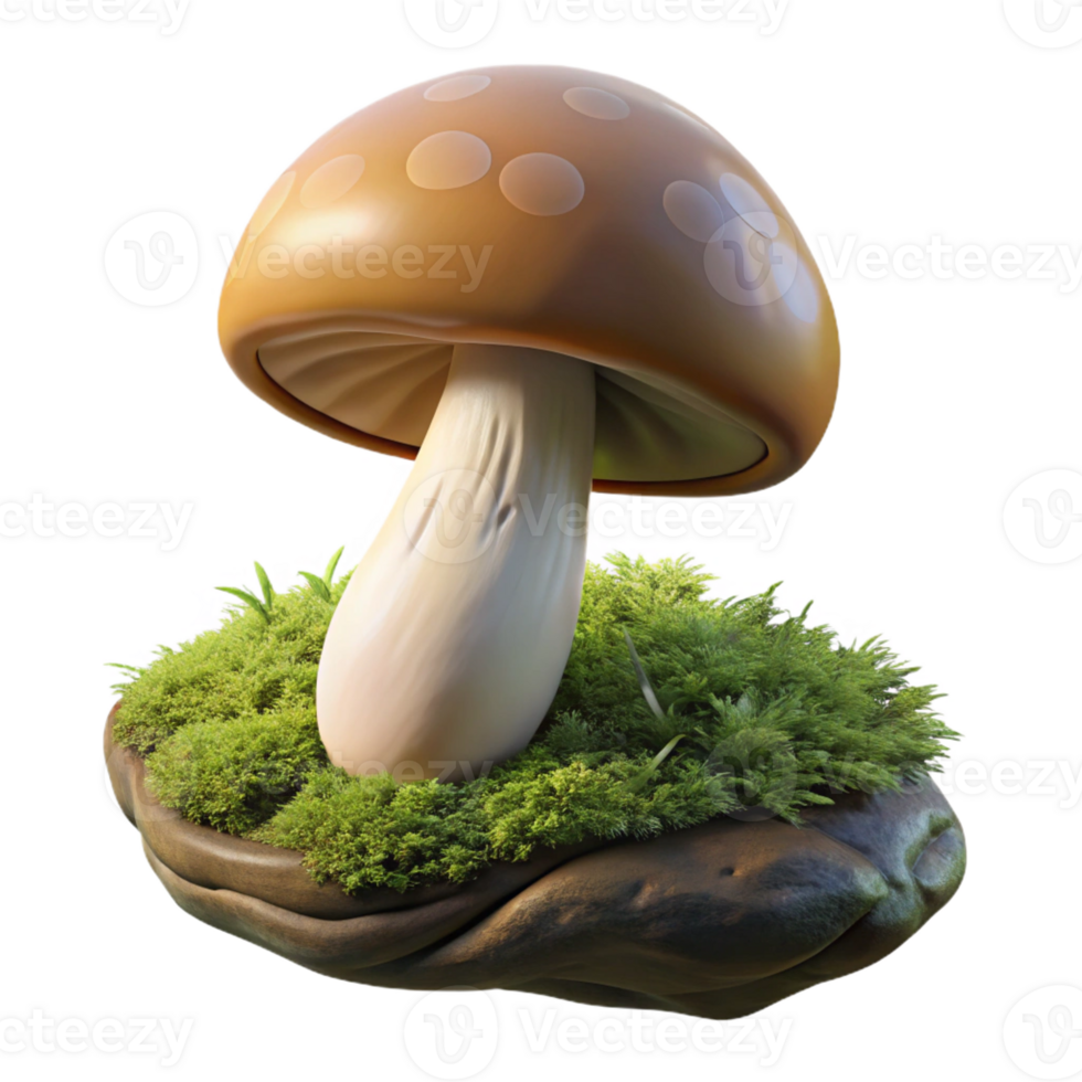 serene minimalist A close-up of a mushroom growing on a mossy log, intricate details, earthy tones, fantasy style, soft lighting, high resolution png