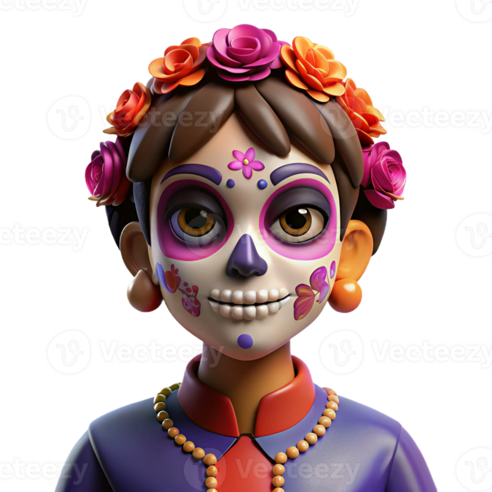 stunning contemporary Portrait of a person with their face painted in the style of Dia de los Muertos, vibrant and celebratory style professional png