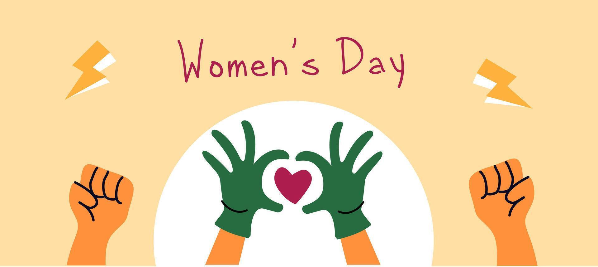 Creative banner hands raised up with shape of heart. Hands shape of heart together. Care, support concept. Love concept. International womens day illustration. vector