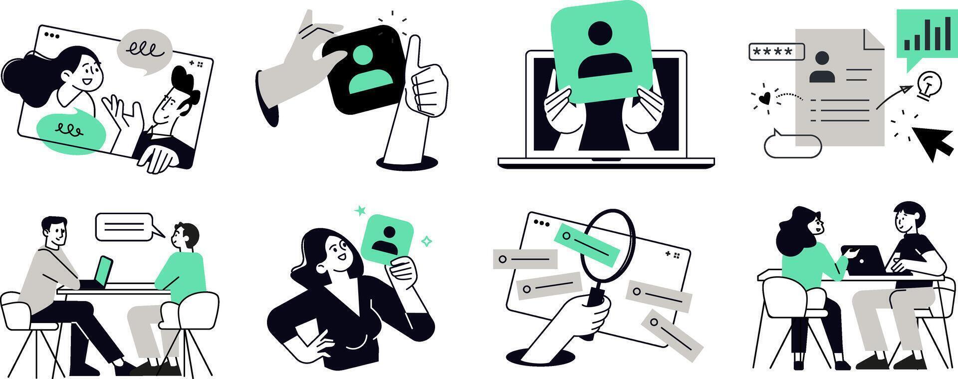 Human resources concept illustrations. Set of people illustrations in various activities of employment, career, teamwork, job interview, improvement of business skills, management. vector