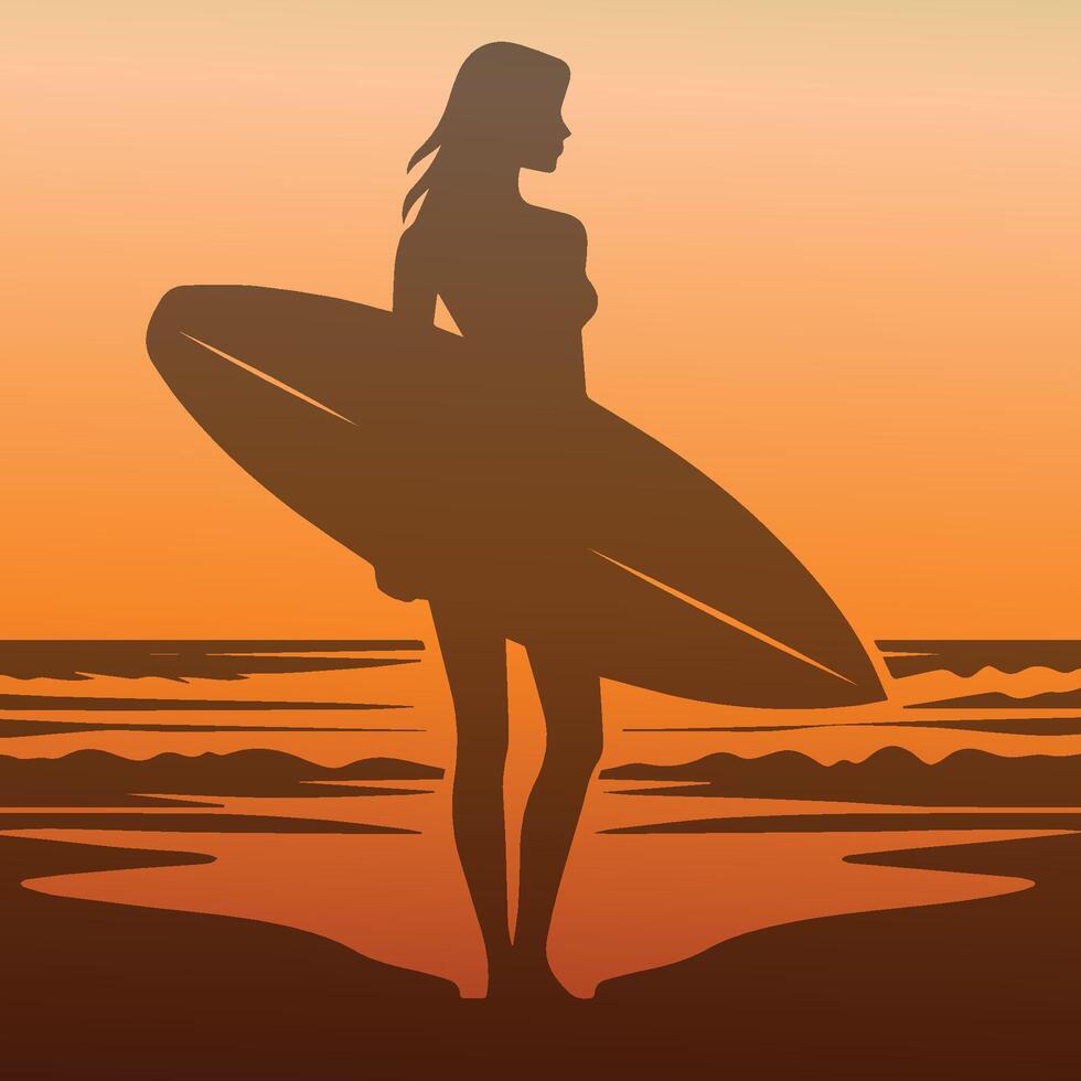 Young girl with her surfboard silhouette. Holding surfboard concept background. vector