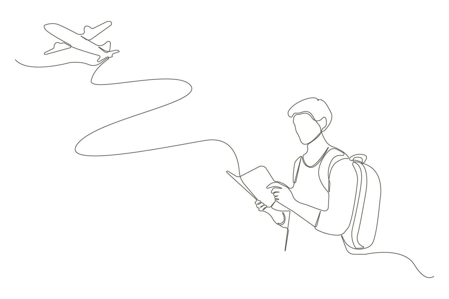 Man with backpack and map isolated line drawing. Travel concept hand-drawn illustration. vector