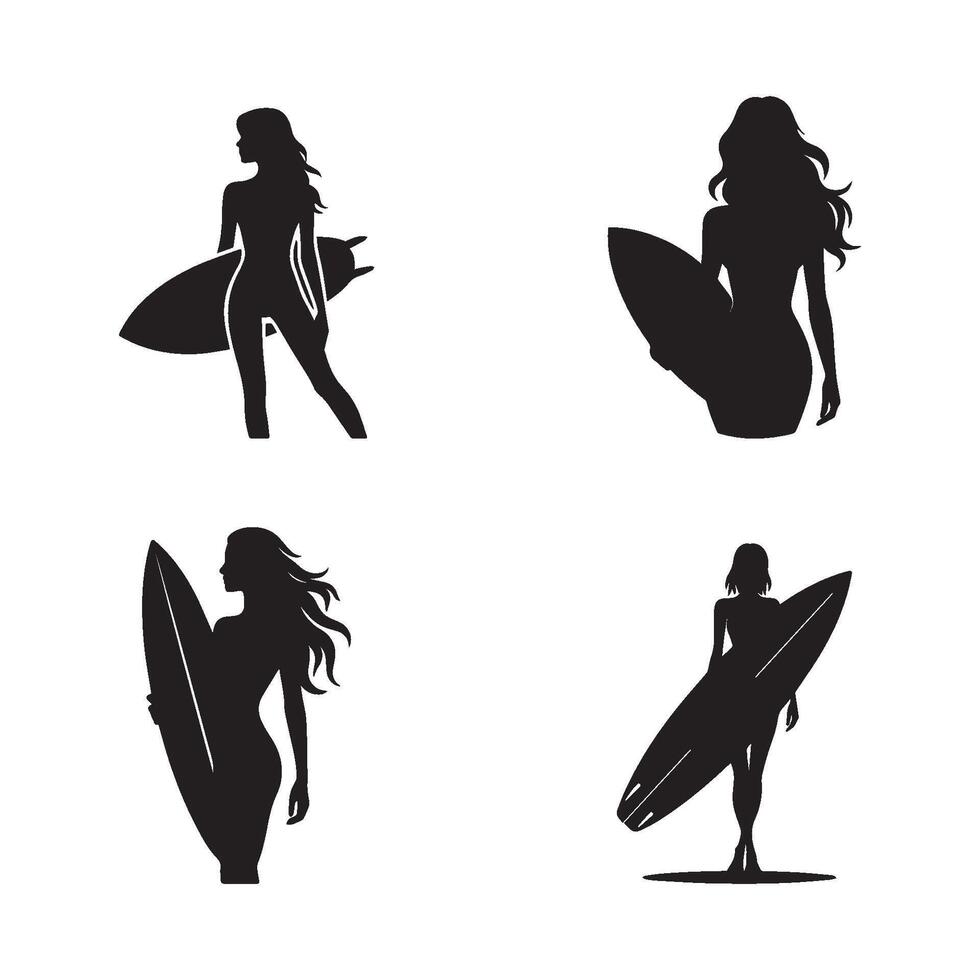 Young girl with her surfboard silhouette on white background. vector