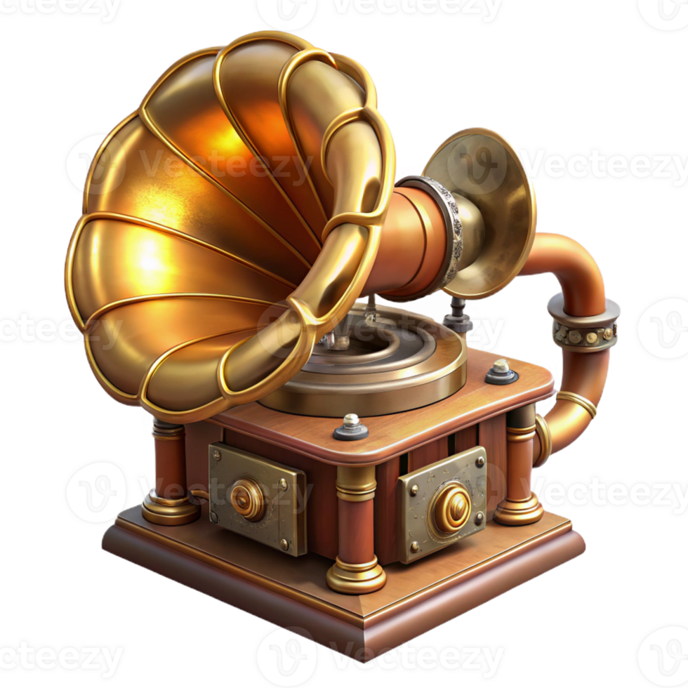 impressive minimalist A steampunk gramophone with a large brass horn and intricate gears, playing a record, lit by a warm, nostalgic light, in a vintage illustration style 4K png