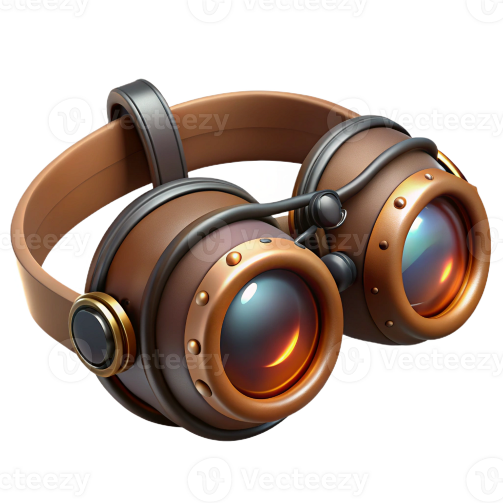 magnificent creative A steampunk goggles with intricate lenses and adjustable straps, resting on a workbench, lit by a bright workshop light, in a realistic style original png