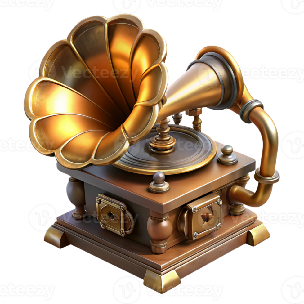 beautiful classic A steampunk gramophone with a large brass horn and intricate gears, playing a record, lit by a warm, nostalgic light, in a vintage illustration style genuine png