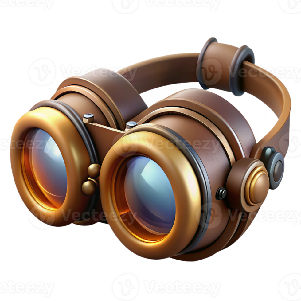 vibrant artistic A steampunk goggles with intricate lenses and adjustable straps, resting on a workbench, lit by a bright workshop light, in a realistic style high resolution png