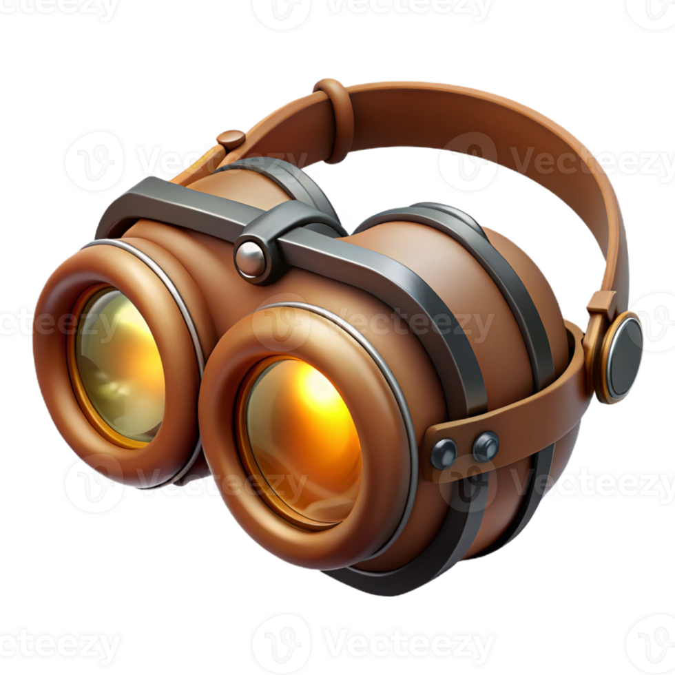 stunning artistic A steampunk goggles with intricate lenses and adjustable straps, resting on a workbench, lit by a bright workshop light, in a realistic style exclusive png