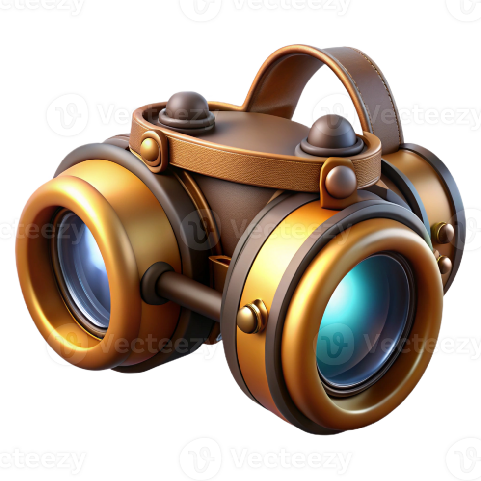 extraordinary artistic A steampunk goggles with intricate lenses and adjustable straps, resting on a workbench, lit by a bright workshop light, in a realistic style professional png