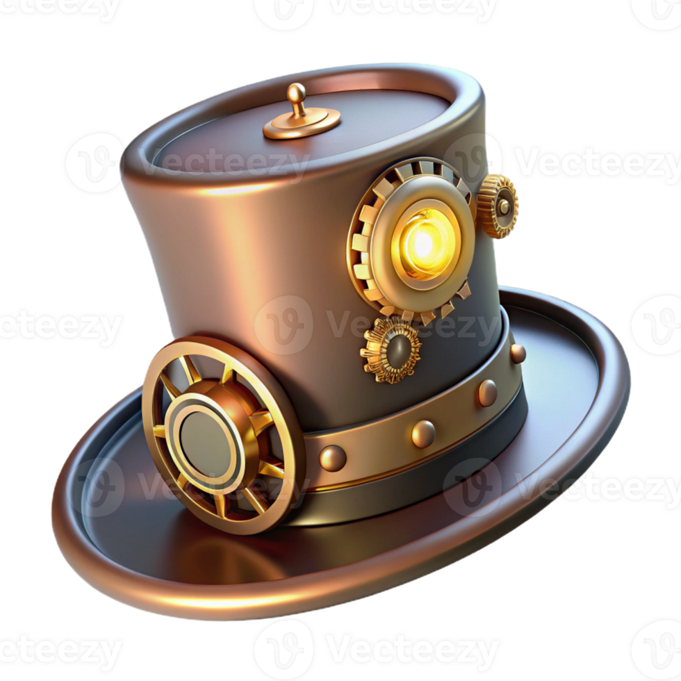 stunning vintage A steampunk top hat with intricate gears and cogs adorning the brim, illuminated by a single spotlight, in a fashion illustration style original png