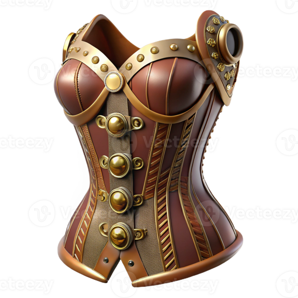 magnificent classic A steampunk corset with intricate lacing and brass embellishments, displayed on a mannequin, lit by a soft, romantic light, in a fashion photography style detailed png