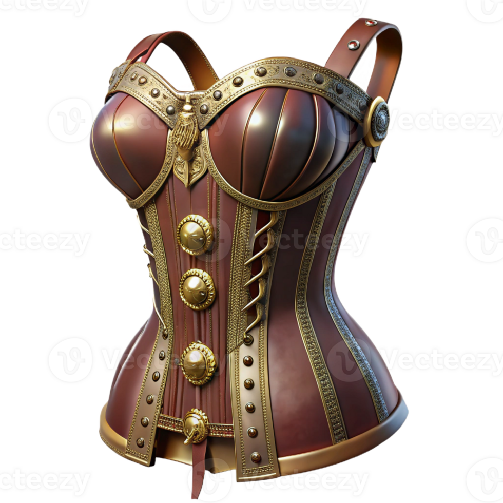 dramatic rustic A steampunk corset with intricate lacing and brass embellishments, displayed on a mannequin, lit by a soft, romantic light, in a fashion photography style genuine png