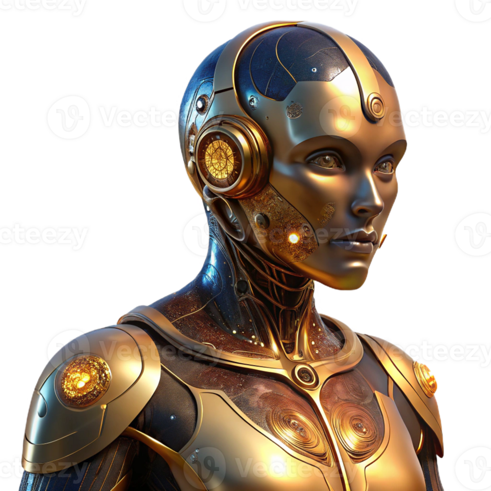 dramatic contemporary A cyborg with intricate, gold circuitry embedded in their skin, gazes wistfully at a distant nebula. Warm, nostalgic lighting. Art Nouveau style authentic png