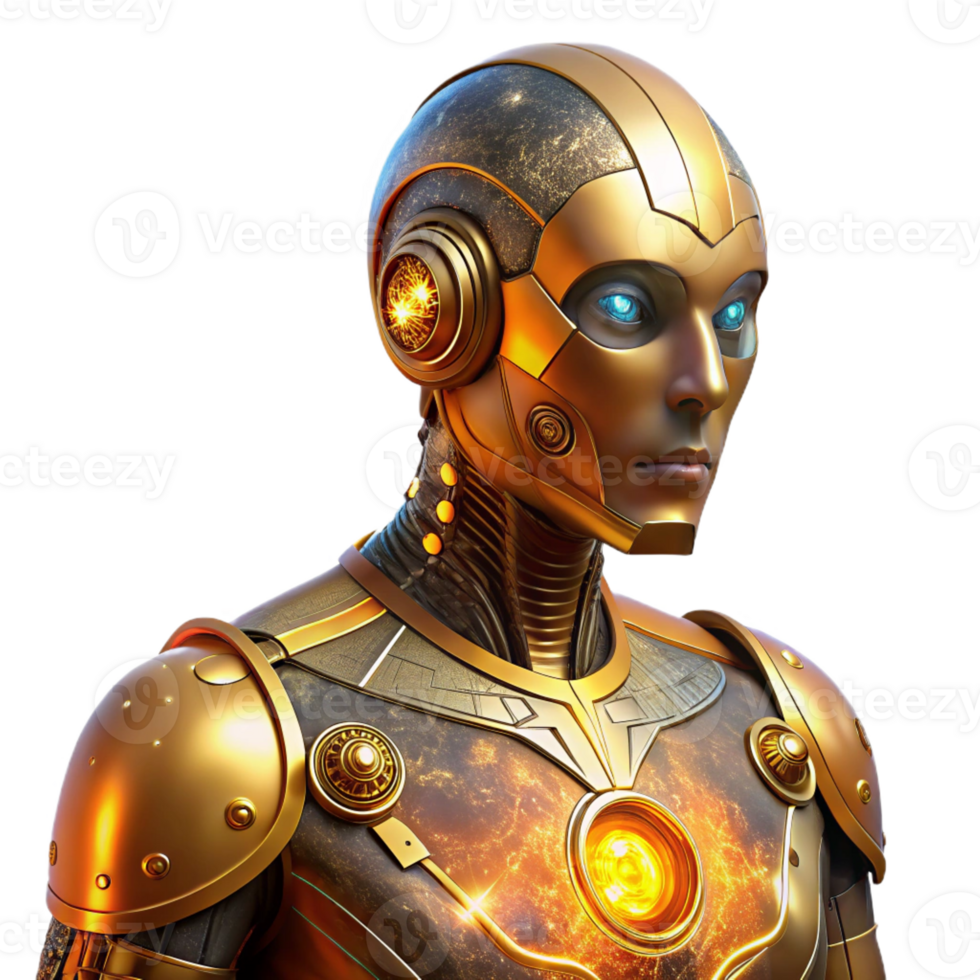 wonderful minimalist A cyborg with intricate, gold circuitry embedded in their skin, gazes wistfully at a distant nebula. Warm, nostalgic lighting. Art Nouveau style premium png