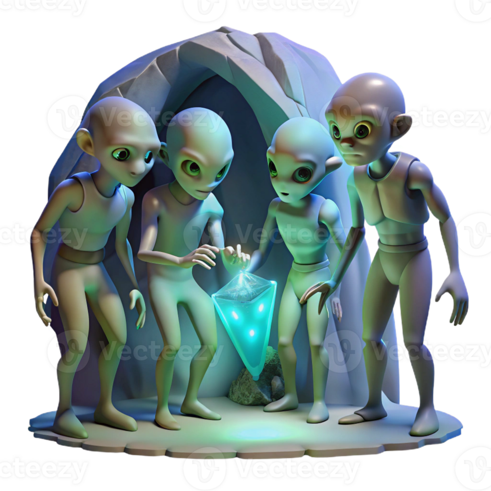 vibrant classic A group of alien explorers, with iridescent skin and multifaceted eyes, examine a strange artifact in a dimly lit cave. Mysterious, shadowy lighting. Fantasy art style genuine png