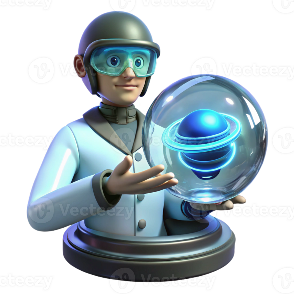 stunning modern A human scientist, wearing a holographic visor, studies a swirling vortex of energy contained within a glass sphere. Cool, clinical lighting. Photorealistic style high resolution png