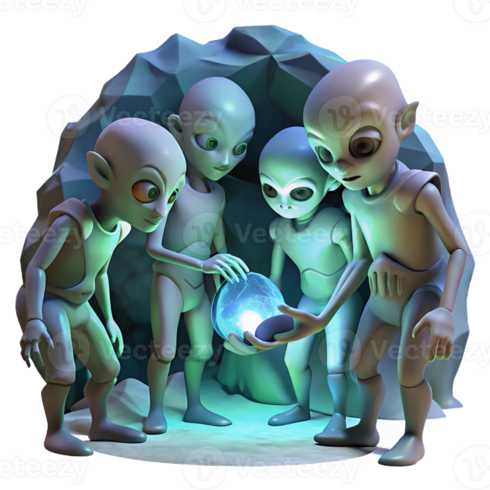 extraordinary vintage A group of alien explorers, with iridescent skin and multifaceted eyes, examine a strange artifact in a dimly lit cave. Mysterious, shadowy lighting. Fantasy art style premium png