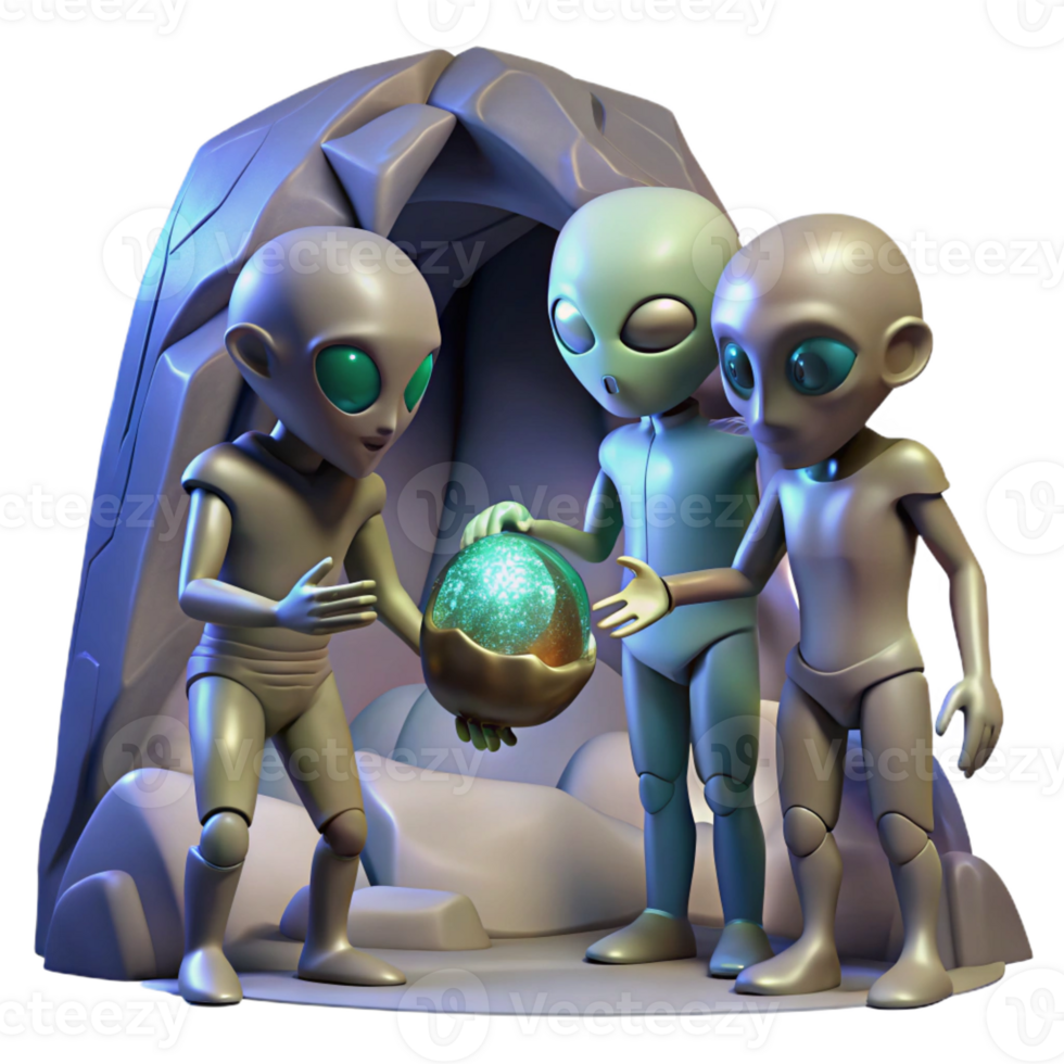 extraordinary minimalist A group of alien explorers, with iridescent skin and multifaceted eyes, examine a strange artifact in a dimly lit cave. Mysterious, shadowy lighting. Fantasy art style 4K png