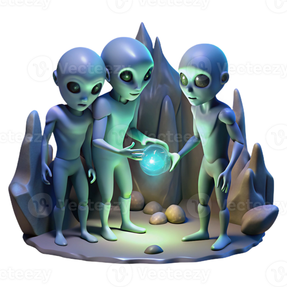 beautiful modern A group of alien explorers, with iridescent skin and multifaceted eyes, examine a strange artifact in a dimly lit cave. Mysterious, shadowy lighting. Fantasy art style original png