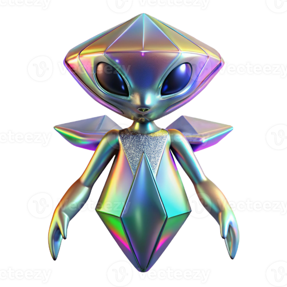 elegant rustic A crystalline alien creature, with shimmering facets, levitates above a desolate, alien landscape. Iridescent, prismatic lighting. Abstract style detailed png