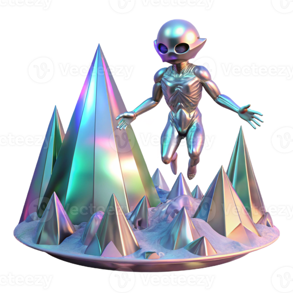 beautiful minimalist A crystalline alien creature, with shimmering facets, levitates above a desolate, alien landscape. Iridescent, prismatic lighting. Abstract style premium png
