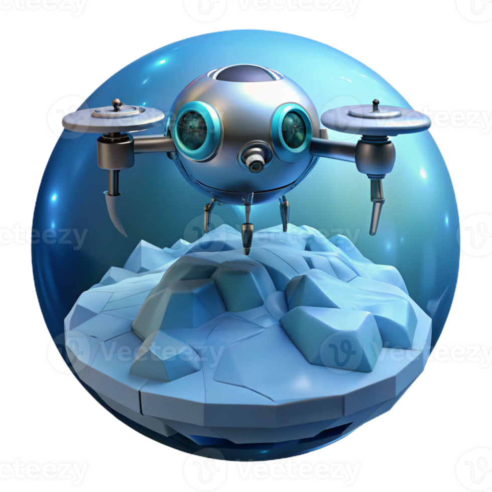 magnificent artistic A lone, robotic drone hovers over a desolate, ice-covered planet. Cold, bluish lighting. Matte painting style genuine png