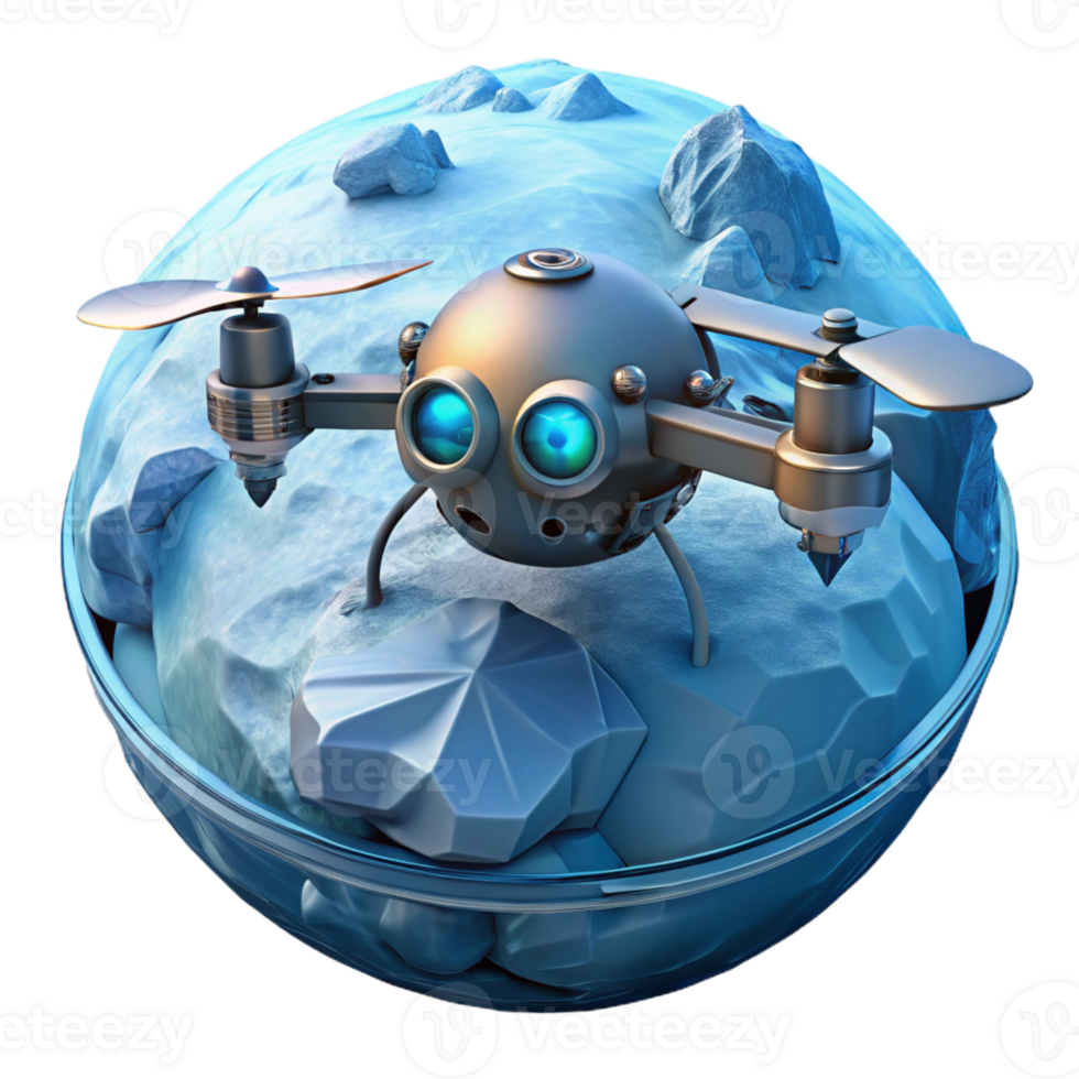 wonderful artistic A lone, robotic drone hovers over a desolate, ice-covered planet. Cold, bluish lighting. Matte painting style 4K png