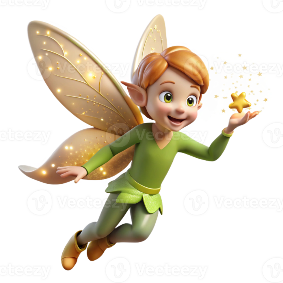 impressive creative A mischievous pixie with shimmering wings, sprinkling pixie dust from its fingertips, creating a trail of sparkling light. Soft lighting, whimsical style high resolution png