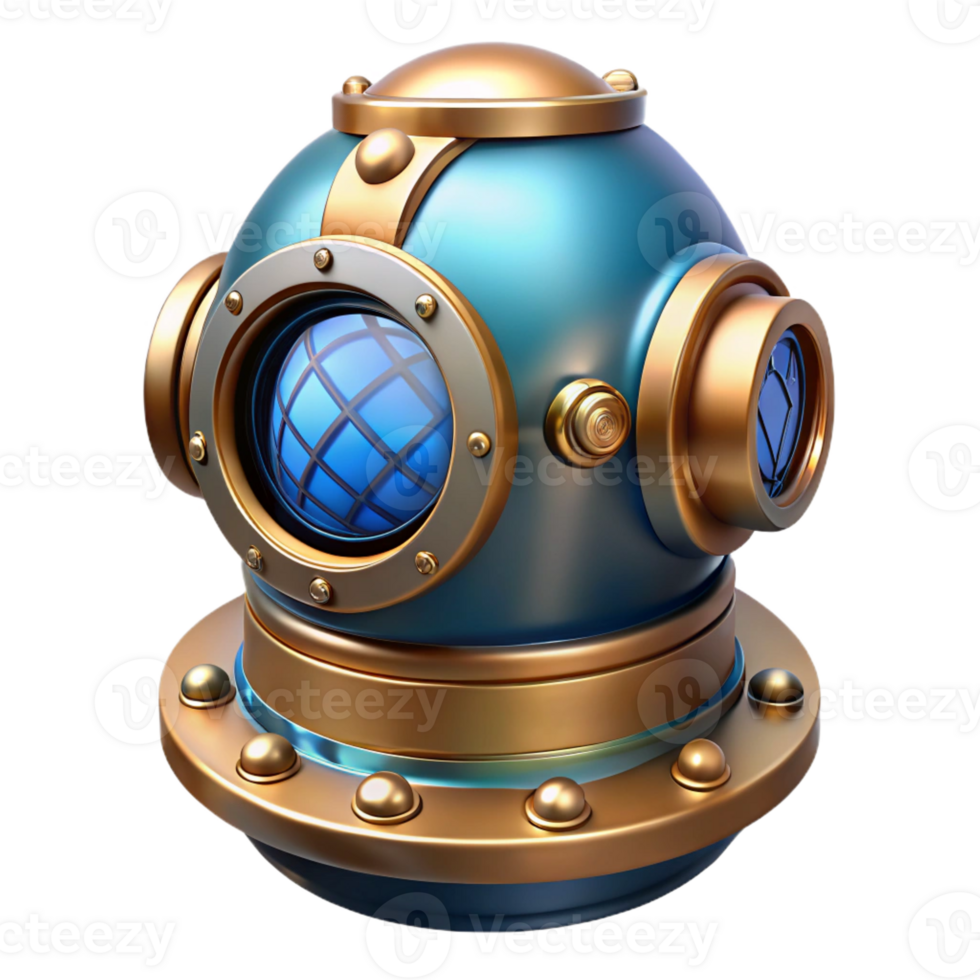extraordinary abstract A steampunk inspired diver's helmet with intricate brass details and a large glass viewport, underwater scene visible within, cool, blue lighting, realistic style original png