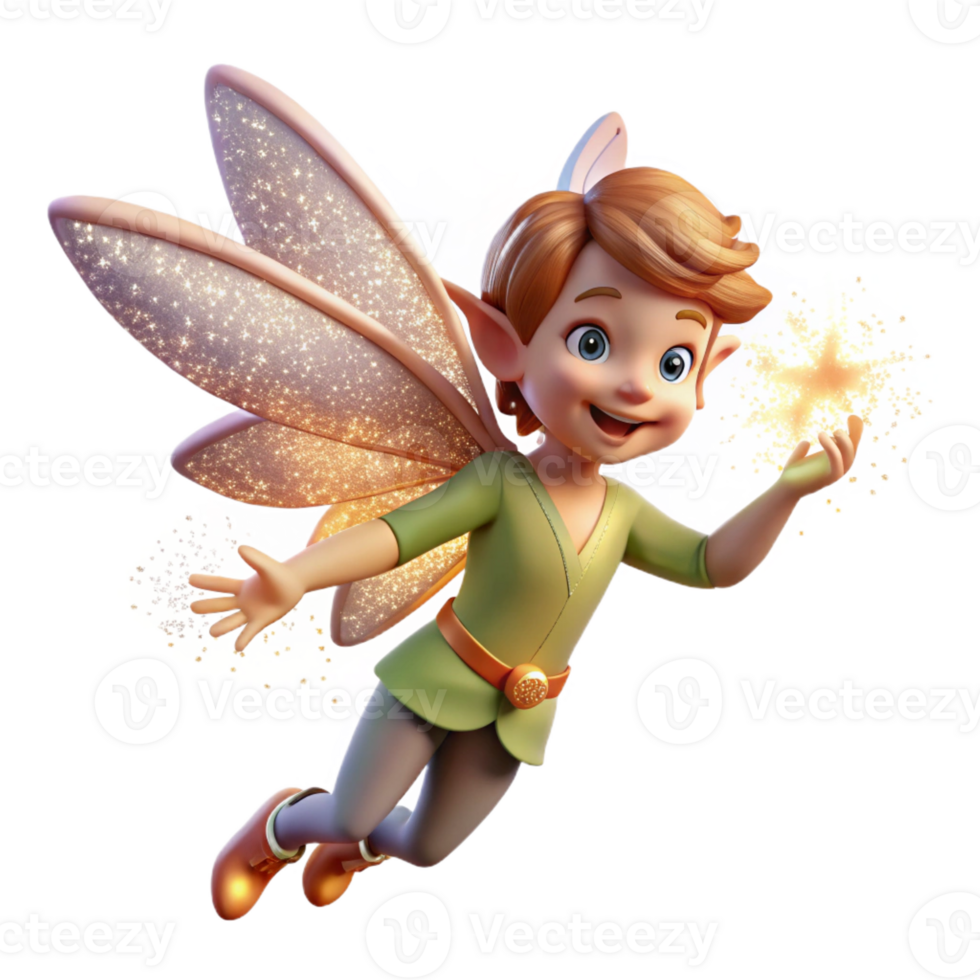 dramatic artistic A mischievous pixie with shimmering wings, sprinkling pixie dust from its fingertips, creating a trail of sparkling light. Soft lighting, whimsical style authentic png