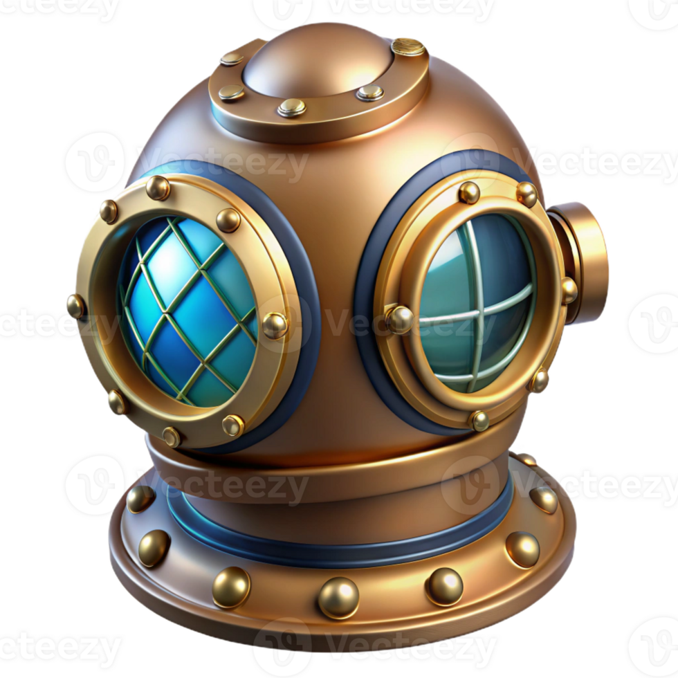 dramatic traditional A steampunk inspired diver's helmet with intricate brass details and a large glass viewport, underwater scene visible within, cool, blue lighting, realistic style exclusive png
