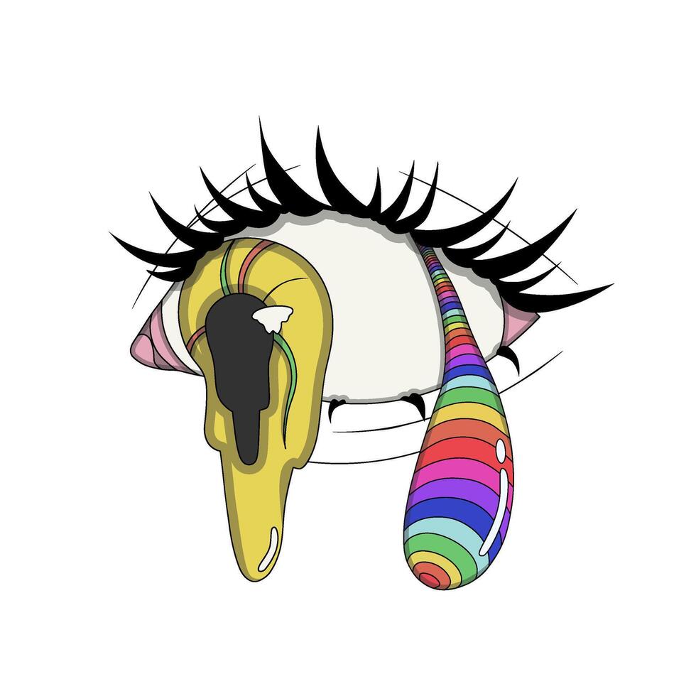 Yellow flowing eye, with an iridescent tear, psychedelic sticker, liquid eye vector