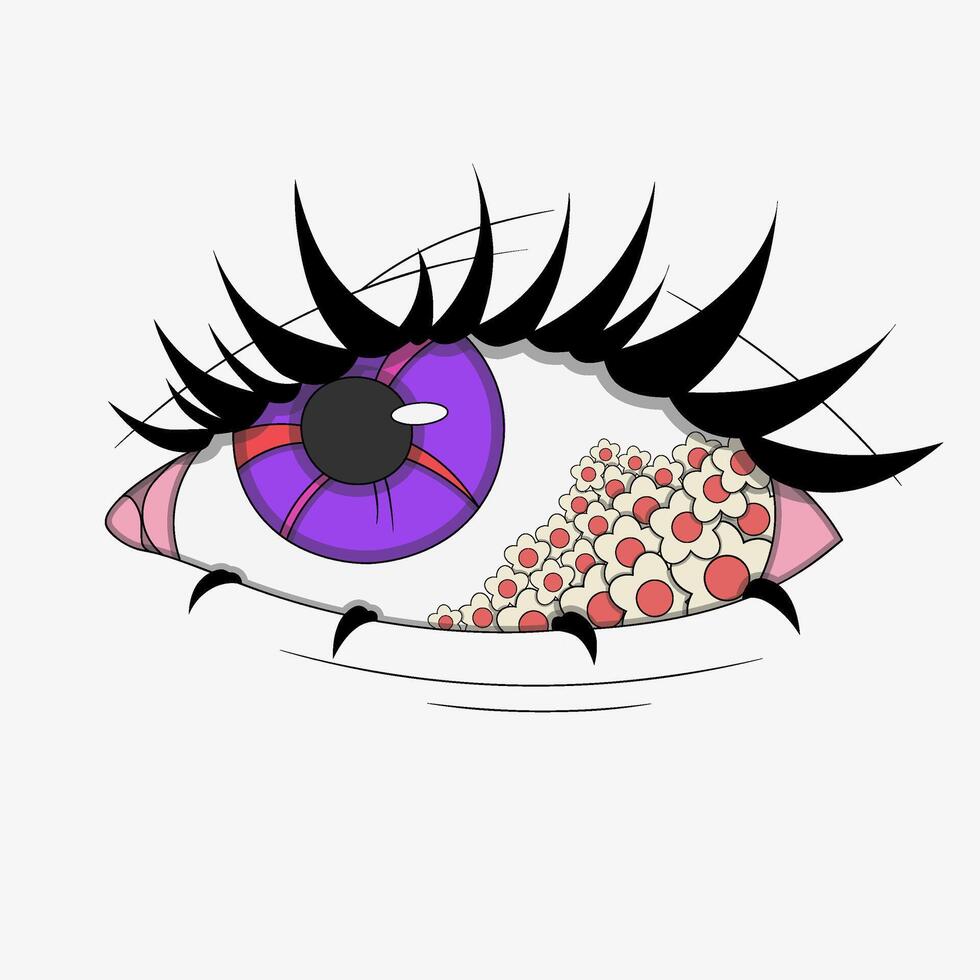 Purple eye with flowers, eye with daisies, psychedelic sticker vector
