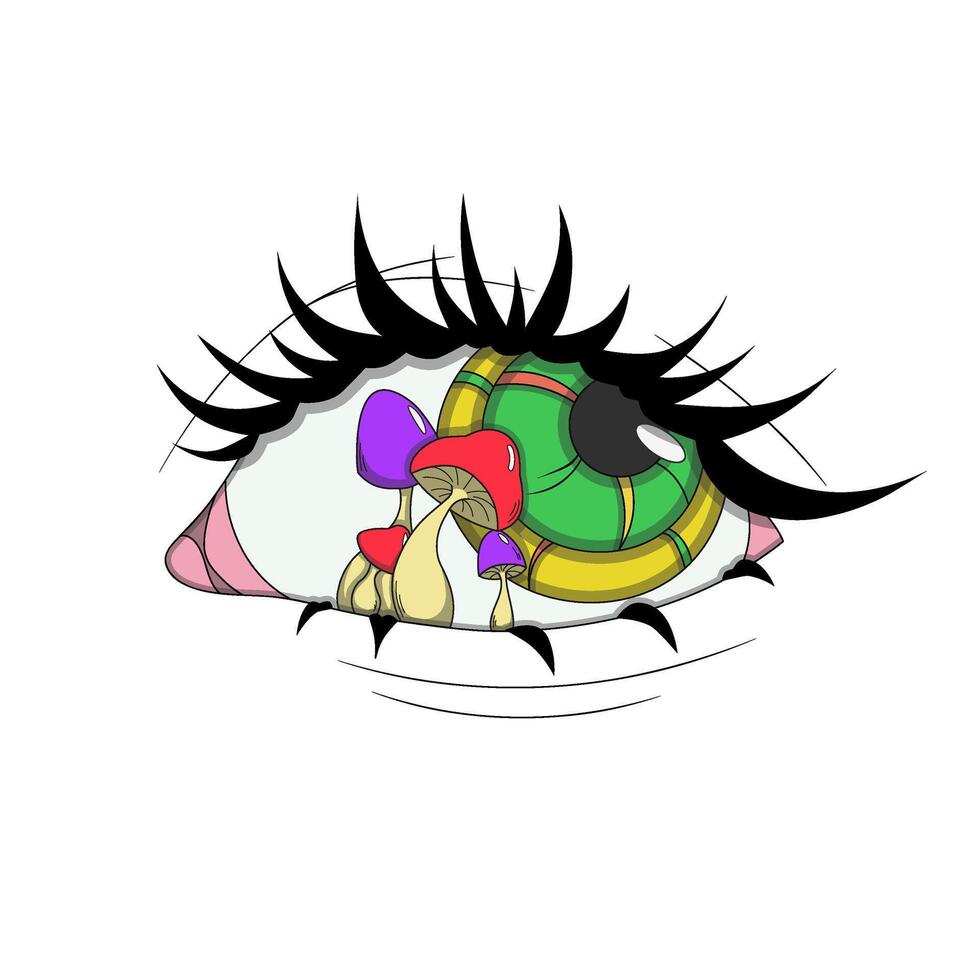 Green eye with mushrooms inside, psychedelic sticker, psychedelic mushrooms vector