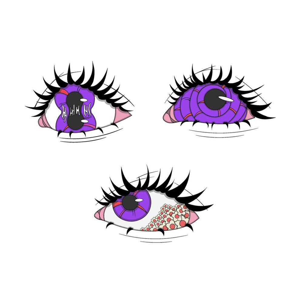 Set of three purple eyes, psychedelic stickers, eye with daisies, split eye, spiral eye, liquid eyes vector