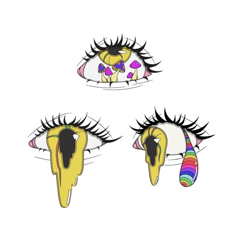 A set of three psychedelic stickers with yellow eyes, an eye with a leaking pupil, an eye with an iridescent tear, and an eye with mushrooms inside vector